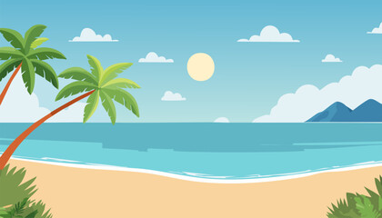 A vibrant pixel art illustration of a beach scene with palm trees and a vast ocean