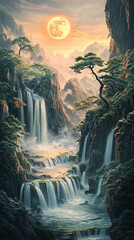 Fototapeta premium Gold-inlaid jade carving, an ultra-wide shot of a Chinese landscape painting with pine trees and waterfalls flowing into the sea from top to bottom, green mountains and a golden moon, Enchanted Golden