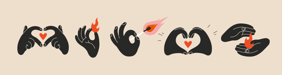 Hands gestures set, black and red colors. Gesturing human arms holding fire and match, making Heart shape. Trendy modern vector illustration isolated on light background, hand drawn, flat design
