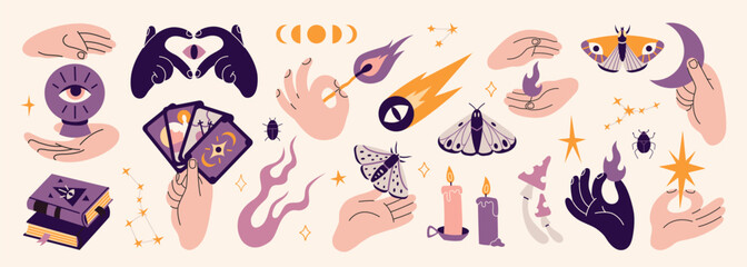 Hands gestures and Mystical Spiritual Astrology elements set. Human arms holding tarot cards, magic crystal ball, flame, moth and star. Esoteric concept. Trendy modern vector illustration, flat