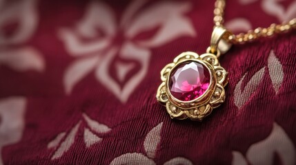 Fototapeta premium A close-up of a gold necklace with a pendant on a rich burgundy background.