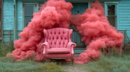 Pink chair, red smoke, abandoned house, dramatic scene, album art