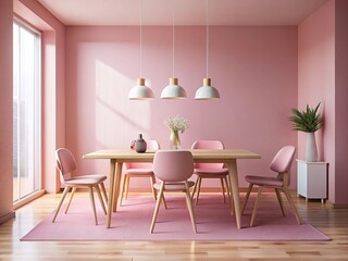 Modern Pink Dining Room, Minimalist Interior Design, Wooden Table