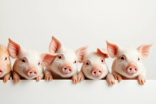 A group of adorable mini pigs peeks over a pristine white table, their tiny snouts and curious eyes captivating the scene. The playful piglets exude charm with their innocent poses.
