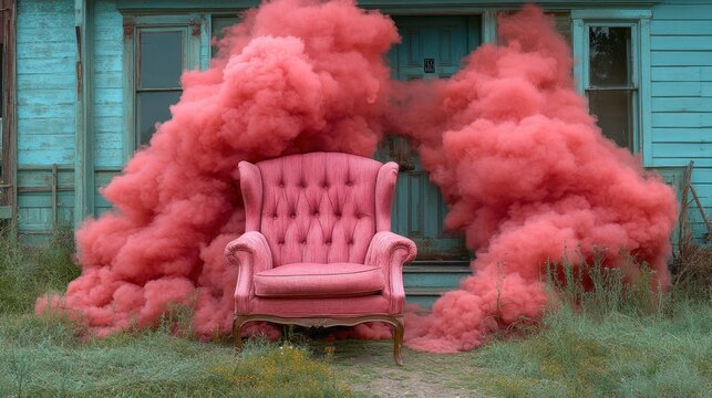 Pink chair, red smoke, abandoned house, dramatic scene, album art