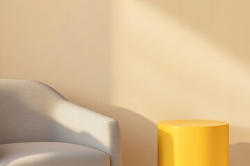 close-up photo of neutral reading nook featuring bold yellow side table beside sleek gray armchair under diffused lighting