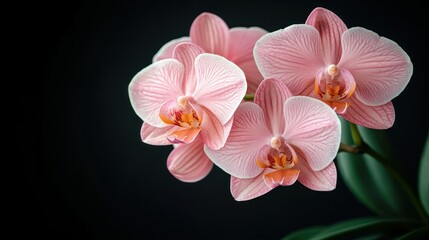 Fototapeta premium Pink orchids bloom dark background, studio shot, floral design