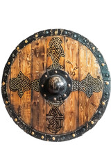 Naklejka premium Viking Shield Featuring Traditional Norse Patterns on a Transparent Background With Intricate Detailing and Rustic Wooden Texture