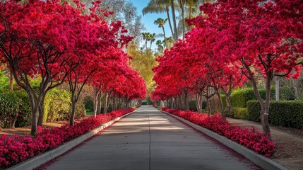 A colorful, peaceful street lined with red flowers, perfect for a serene walk or drive.