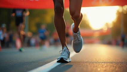 Legs of person running on road with crowd of people