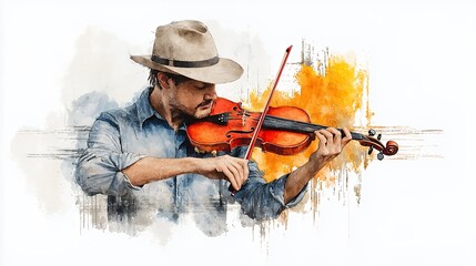 Fototapeta premium Watercolor portrait of a man passionately playing violin, wearing a hat, artistic rendering, creative expression