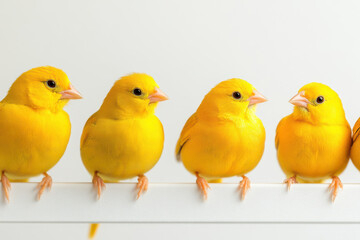 Fototapeta premium Two yellow canaries peek over the edge of a white table. Their bright plumage contrasts vividly with the neutral surface, creating a whimsical avian scene indoors.
