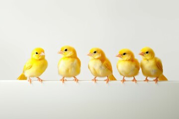 Fototapeta premium A pair of yellow canaries peek over a white table, their vibrant yellow feathers vivid against the neutral backdrop. The charming scene captures the innocence and curiosity of these delightful birds.