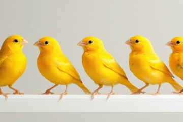 Fototapeta premium Vivid yellow canaries peer over the edge of a pristine white table. Their bright plumage and curious gaze add a splash of color and charm to the serene indoor setting.
