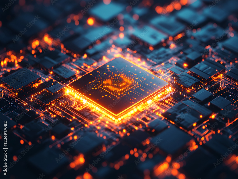 Poster the heart of innovation: a close-up, abstract view of a glowing microprocessor chip on a circuit boa