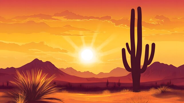Desert sunset scene, vibrant colors illuminating cacti silhouettes, tranquil atmosphere ideal for nature-themed designs.