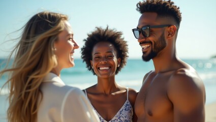 Fototapeta premium Man and woman are smiling while standing on beach