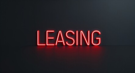 Fototapeta premium leasing word lettering with neon red glow on plain black dark background
