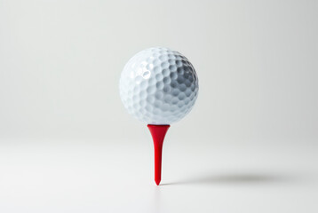 A golf ball on a red tee stand on a white surface.