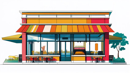 AI generative. Flat design of front view burger shop in cartoon style with white background. 31
