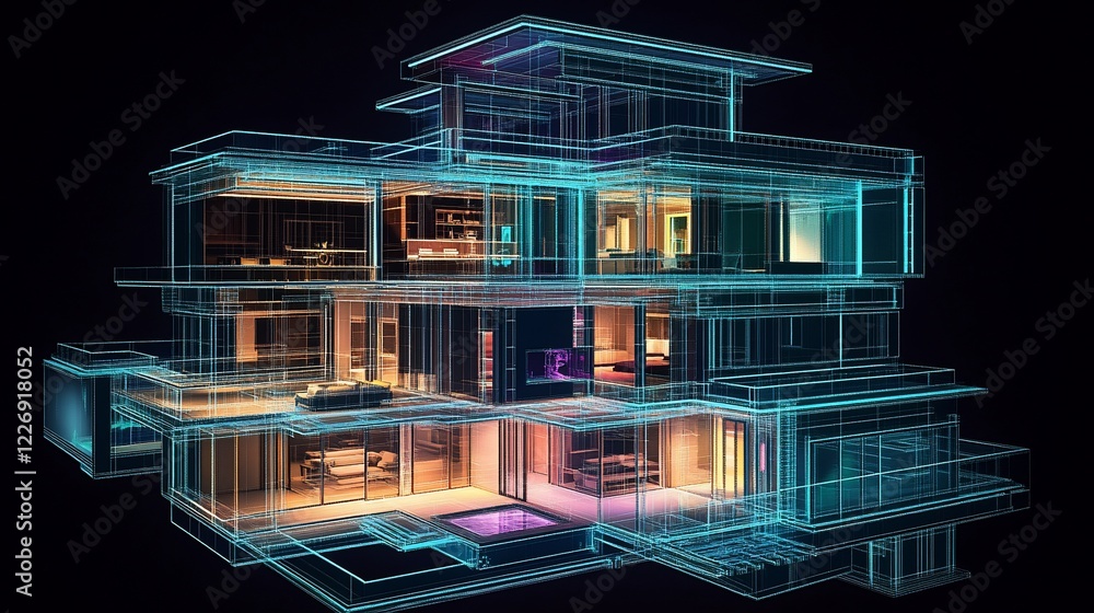 Aufkleber 3d rendering of a modern house design with a transparent glowing wireframe and minimalist furniture 