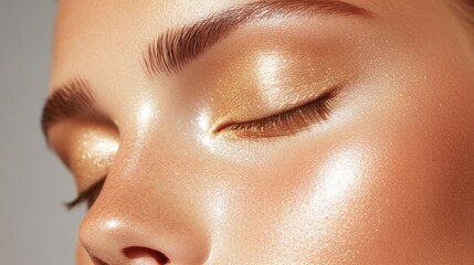 Fototapeta premium clean metallic gold eyeliner and shimmering champagne lips against flawless matte base