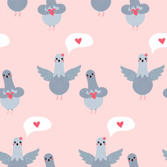 Flat-style seamless pattern with cute pigeons holding hearts and speech bubbles with love symbols on a pink background. Perfect for Valentine's Day designs, greeting cards, wrapping paper, and fabric 