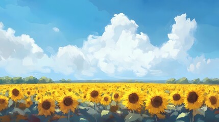 Obraz premium Vibrant sunflower field under bright blue sky, cheerful sunflowers blooming, ideal for nature-themed projects or backgrounds.