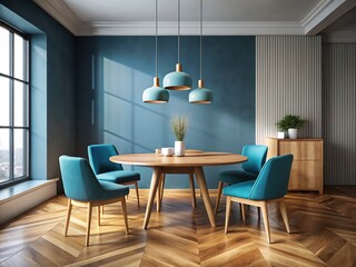 Round wood table, low-light minimalist dining room mockup.