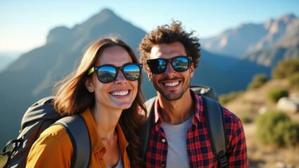Man and woman are smiling for camera while standing on mountain