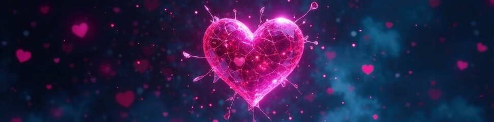 Shattered glass heart in mid-air with neon light surrounding it, heart, surround