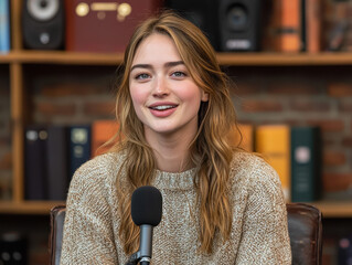Young woman engages in deep conversation about technology trends in modern podcast studio setting focused on connectivity and innovation