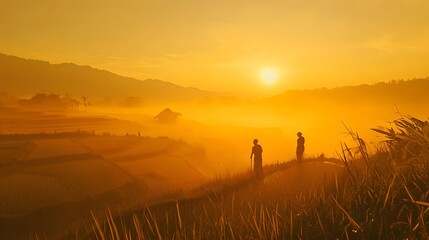 Fototapeta premium Two silhouettes standing on a hill, golden sunrise casting warm light, peaceful moment in nature, ideal for inspiration text.