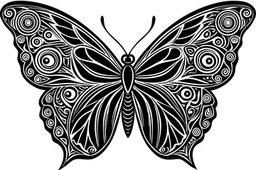 Detailed symmetrical butterfly illustration with geometric shapes and swirling lines.