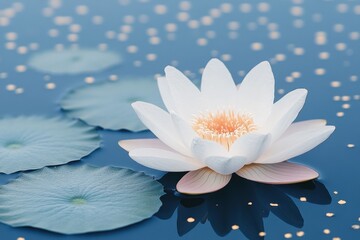 White Water Lily on Calm Blue Water with Golden Specks