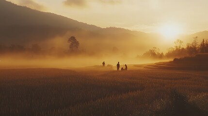 Naklejka premium Golden sunrise over misty landscape, soft light illuminating rolling hills, serene atmosphere perfect for relaxation and inspiration.
