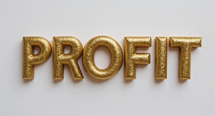 profit word lettering with glitter gold shining effect on plain white background