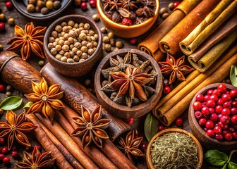 Vibrant spice collection: aromatic textures and colors.