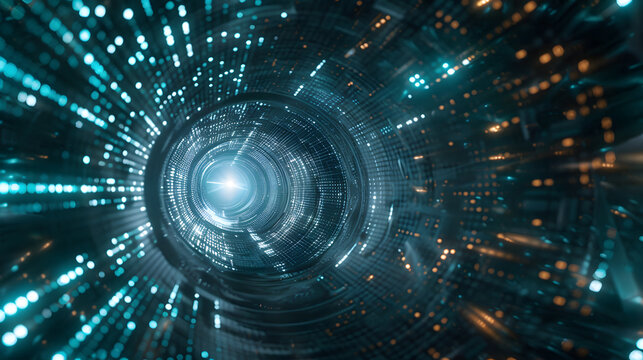 Swirling vortex of binary code in a dark futuristic