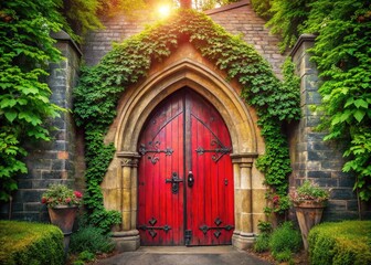 Fototapeta premium Vintage Village Church, Ornate Arch Doors, Lush Foliage