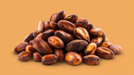 Fototapeta premium Pile of roasted bean seeds on a gradient background transitioning from dark to light brown