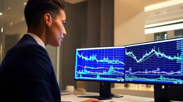 A business person tracking the technical movement of a stock chart on a computer screen