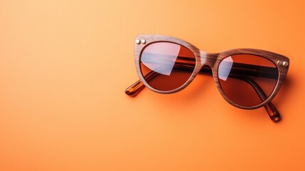 Sunglasses with wooden temples on a warm orange background, suggesting eco-consciousness