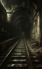 Naklejka premium Dimly Lit Railway Tunnel with Vanishing Tracks