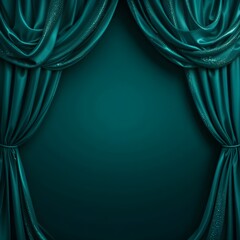 Lujoso fondo verde azulado oscuro. Textura satinada de seda. Detalles brillantes y brillantes. Acentos esmeralda. Patrones abstractos de ondas y rayas. Cortinas elegantes. Espacio en blanco.