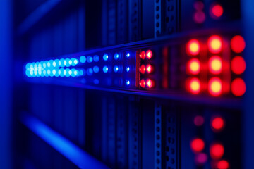 Glowing blue and red lights, suggesting advanced technology or blockchain concept
