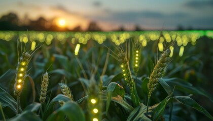 Un campo di grano geneticamente modificato, con piante che emettono una leggera luminescenza al tramonto, simbolo della biotecnologia agricola avanzata