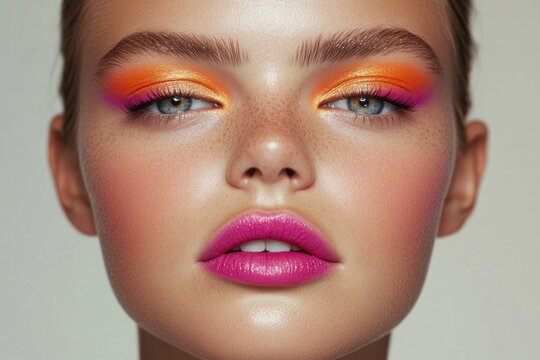 sharp magenta and orange ombr&eacute; eyeliner matched with bold pink lips and radiant gold highlighter