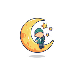 Moslem kid reading Qur'an sit on crescent moon cartoon illustration vector