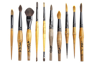 Traditional Chinese Calligraphy Brush Set Featuring Multiple Varieties on a Transparent Background for Artistic Use